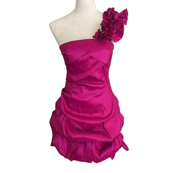 Forever 21 Hot Pink Elegant Babydoll Floral One-Shoulder Mini Dress Women Size L - Picture 3 of 8